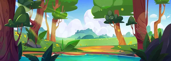 Paysage Forestier Animé Avec Lac Entre Les Arbres Illustration Vectorielle — Image vectorielle