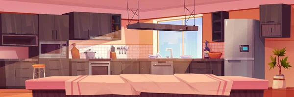 Dibujos Animados Casa Cocina Mesa Interior Vista Vector Fondo Ilustración — Vector de stock
