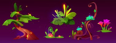 Sihirli orman çizgi film oyun vektörü seti için fantezi bitkisi. Parıltıyla izole edilmiş fantastik dünyadaki uzaylı gezegen doğa elementi. Pırıl pırıl psikedelik renkli Harikalar Diyarı manzaralı varlık çizimi