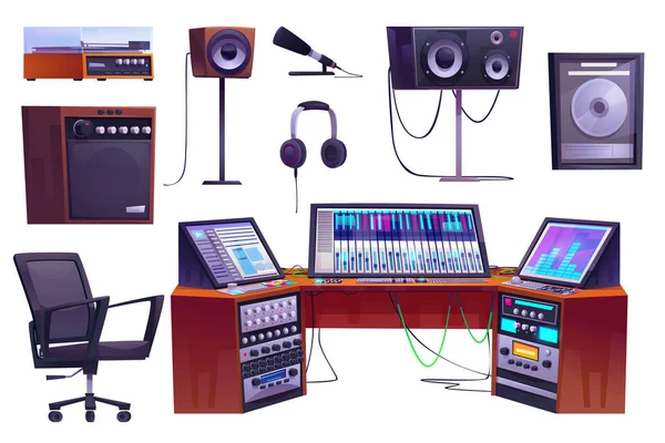 Cartoon Set Sound Recording Studio Equipment Isolated White Background Vector — Stock Vector