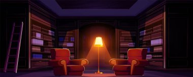 Kitap içi çizgi film geçmişi olan kütüphane odası. Üniversite üniversitesindeki kütüphane raflarının eski duvarları ya da halka açık salonda okumak için rahat koltuklar ve lambalar. Üniversitede edebiyat