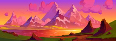 Göl ve dağ günbatımı gökyüzü yaz manzarası. Turuncu, pembe ve mor güzel ufuk manzarası. Yürüyüş ya da tatil panoramik tasarımı için sakin ve sihirli açık hava macera çizimi