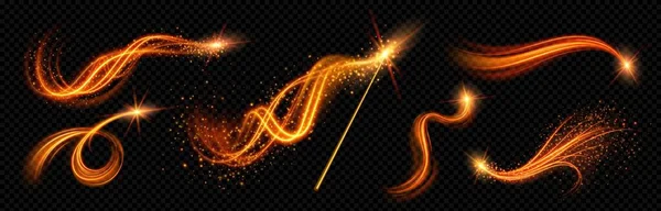 Realistická Kouzelná Hůlka Sadou Oranžových Světelných Vírových Efektů Izolovaných Průhledném — Stockový vektor