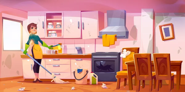 Mujer Limpia Casa Cocina Vector Ilustración Ama Casa Lavar Comedor — Vector de stock