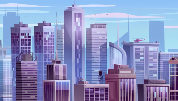 Cartoon Wolkenkratzer Stadtbild Vektor Hintergrund Urban Street Sky Szene Mit — Stockvektor