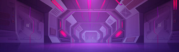 Futuristic corridor with closed gates and red alarm lights on walls and ceiling. Vector cartoon illustration of fantasy spacecraft interior, fantastic prison or hotel, bunker hallway, sci fi lab