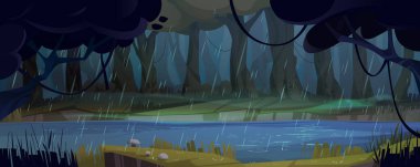 Göl vektör arka planına sahip ormanda yağmur. Nehir suyuna düşen yağmur damlası doğa çizimi. Açık hava macera ortamı tasarımı için bahar havası. Mantar manzaralı orman parkı