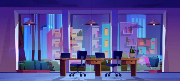 Cartoon Unternehmen Büroeinrichtung Der Nacht Vektor Illustration Eines Dunklen Raums — Stockvektor
