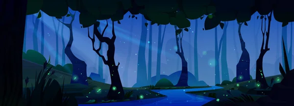 Ночной Лесной Мультфильм Векторном Фоне Таинственная Сказочная Лесная Среда Летающими — стоковый вектор
