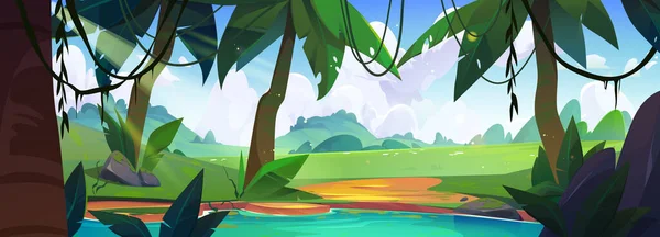 Forêt Jungle Avec Fond Dessin Animé Vecteur Lac Forêt Tropicale — Image vectorielle