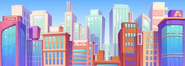 Moderne Stad Met Wolkenkrabbers Tegen Blauwe Lucht Achtergrond Vector Cartoon — Stockvector