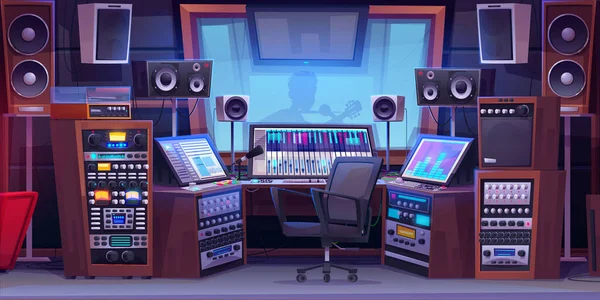 Estudio Grabación Sonido Dibujos Animados Con Equipo Silueta Cantante Tocando — Vector de stock