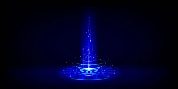 青い輝くネオンゲームポータル ゲームUiコンセプトのための未来的なテレポート表彰台の現実的なベクトルイラスト マジックまたはサイバーパンクホログラムポート スペースでの旅行のためのフレアとライトサークル効果 — ストックベクタ