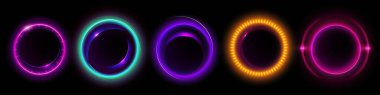 Halo ışığı, neon dairesel parlama 3D vektör seti ile parlıyor. Soyut enerji hattı parlayan halka hızı küre portalı. Mor ve pembe koleksiyonda izole edilmiş yer tutucu çerçevesi. Canlı edm optik top