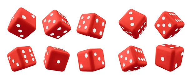 红色3D在白色背景上玩赌场游戏立方体骰子隔离向量 六网点数字滚动现实中的财富赌博正方形插图集 在应用程序中投注幸运的运动倾向 — 图库矢量图片