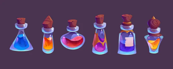 Bottles Jars Magic Potions Elixirs Poisons Fantasy Set Alchemist Apothecary — Stock Vector
