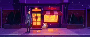Gece Caddesi Kafe Binası dış mekan ve kedi resimleri. Barın dışında, karikatür arka planında yağmur yağıyor. Adam kaldırım kenarındaki dükkânda yalnız bir hayvan görüyor. Restoranın yakınındaki evsiz hayvan.