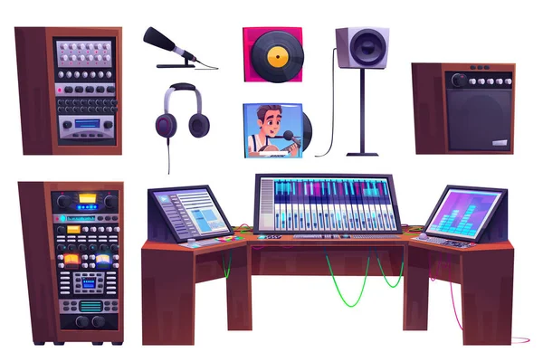 音乐录音室动画矢量插图 用于专业广播录音的歌手话筒和混音器 生产者工作站的专业计算机和室内设计工具 — 图库矢量图片
