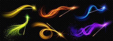 Büyücü büyüsü ile sihirli değnek parlayan ışık vektörü. Siyah arka planda tahta sopayla sihirbaz perisi parıltısı izi sürme efekti. Fantezi sarmal girdap parlaması izole edilmiş. Peri masalı abrakadabra dileği neon hattı