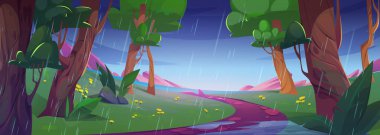 Yeşil ormanda yaz yağmuru. Ağaçların arasından akan patikaların, yerdeki su birikintilerinin, tepedeki çiçeklerin, ufuktaki gölün olduğu ormanlardaki yağmurlu günün vektör çizimi. Doğal arkaplan