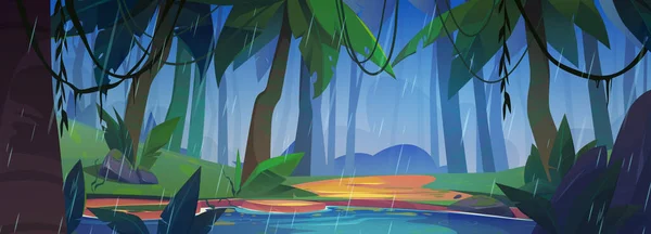 Rain Green Tropic Forest Lake Cartoon Vector Background Sand Shore — Stock Vector