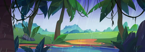 Regen Tropisch Bos Met Meer Vector Cartoon Illustratie Van Regenval — Stockvector
