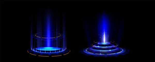 青い輝くネオンゲームポータル ゲームUiコンセプトのための未来的なテレポート表彰台の現実的なベクトルイラスト マジックまたはサイバーパンクホログラムポート スペースでの旅行のためのフレアとライトサークル効果 — ストックベクタ
