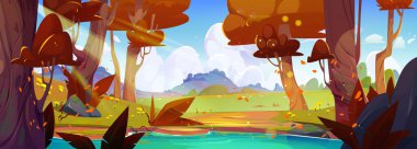 Göl ve ağaç vektör geçmişi olan sonbahar ormanı manzarası. Ormanda bataklık, akçaağaç ve güneş olan doğa sonbahar sahnesi. Düşen yaprakları olan peri masalı için açık alan bahçesi.