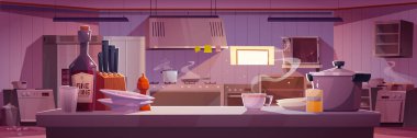 Restoran mutfağı içinde profesyonel ekipman ve mobilyalar var. Tabaklar, buzdolabı, fırın, mikrodalga fırın, tencerelerin üstünde buhar olan büyük odanın vektör çizimi