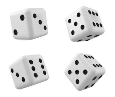 Kumarhane oyun ikonu için beyaz 3d izole edilmiş gerçekçi zar. Tavlada şanslı küp rulo 1, 6 ya da 2 nokta sayısıyla. Rastgele yuvarlanan kare şans poker eğlence illüstrasyonu için