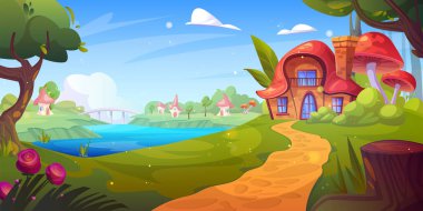 Fairytale cartoon fantasy brick house in forest vector. Magic fairy tale village with home building near tree and river water. Walk road to wooden elf residence in green nature countryside background clipart