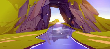 Mağara giriş vektör arkaplanından nehir. Güneşli bir günde yeşil çimen karikatürlü duvar kâğıdıyla kaplı kaya dağı veya tepenin içindeki kemer. Mavi yaz deresi huzurlu bir yerde.