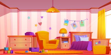 Ev vektör arkaplan çiziminde çocuk yatak odası içi. Mobilyalı, oyuncaklı ve çekmeceli kız çocuk odası. Yastıklı, küplü ve pencereli şirin boş bebek odası tasarımı.