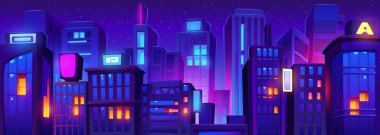 Neon ışıklı arka planlı Night City binası sokağı. Gökdelen şehir manzaralı karanlık şehir manzarası çizimi. Meta-evren arkaplanı için gelecek mor ofis manzarası ufku