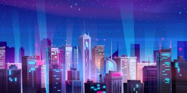 Gökdelenleri ve çatısı helikopterli gece manzarası. Modern şehir aydınlanmasının vektör karikatür çizimi, yüksek katlı ofis ya da birçok penceresi olan apartmanlar, karanlık gökyüzünde parlayan yıldızlar