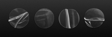 Şeffaf plastik koli bandı vektör setini temizle. Yapışkan film dokusu modeli. 3D gerçekçi yapıştırıcı parçası kaplama etkisi. Kabuk soyma çubuğu kırışık ikon şablonu hava kabarcığı ile.