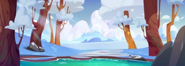 Göl arkası çizgi film vektörüyle kış ormanı manzarası. Soğuk Kuzey Kutbu Parkı 'nda karlı ağaç manzarası çizimi. Fantezi Kuzey oyunu için beyaz güzel Kanada kayalık grafik ortamı