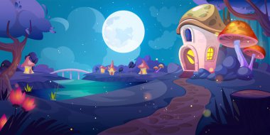 Gece çizgi filminde peri masalı fantezi mantar evi. Doğayı inşa eden küçük peri masalı ile ormanın yakınındaki sihirli köy. Ormandaki kırsal bölge ve cüce konutu illüstrasyonuna giden yol