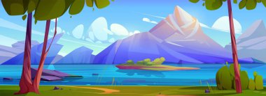 Dağların yakınında nehir ya da göl olan karikatür manzarası. Göletin doğal yatay arkaplanı, kıyılardaki ağaçlar ve yeşillikler, kayalık tepeler ve güneşli gökyüzündeki bulutlar. Dağlık su kütlesinin manzarası.