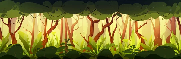 ジャングルの森のシームレスなゲーム風景の背景 トランク 緑の葉 茂みのある妖精ファンタジーウッドランド自然冒険アニメーションシーン 誰もいない晴れた夏の謎の公園パノラマ — ストックベクタ