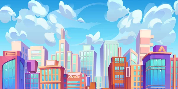 摩天大楼建造城市景观矢量图解 天空和云彩背景 伴随着现代商业中心的建设 大都市商业区的豪宅公寓 — 图库矢量图片