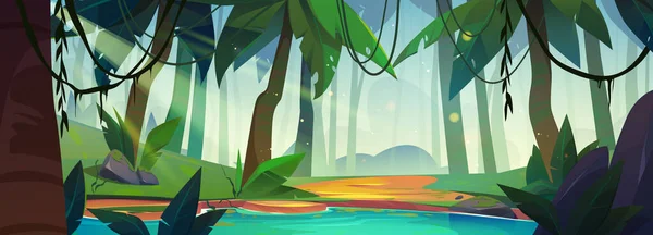 Jungle forest landscape with river and trees. Nature background with tropical rainforest with lake or swamp, green plants, palm trees and bushes, vector cartoon illustration