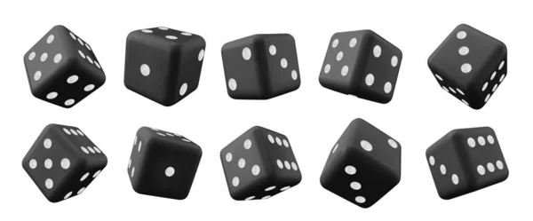 现实的3D黑色骰子集 背景为白色 赌场游戏方块的矢量图上有圆点 赌博比赛的象征 赢球的机会 好运和好运 — 图库矢量图片