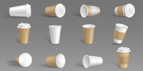 白色孤立纸杯咖啡病媒模型 空的一次性塑料把装有盖子和袖子的杯子拿走 带褐色生态包的卡布奇诺咖啡或拿铁咖啡的实用咖啡杯 — 图库矢量图片