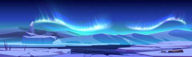 Aurora Borealis buz üzerinde parıldıyor. Gece gökyüzünde birçok yıldız, kayalık dağlar, donmuş su yüzeyi ve kuzey doğası olan renkli soyut kuzey ışıklarının vektör çizimi.