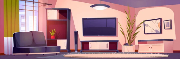 客厅室内有电视机和家具 现代矢量公寓客厅背景电视 地毯和沙发 客厅和娱乐室 墙壁上有灯架 — 图库矢量图片