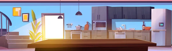 Home Küche Interieur Mit Möbeln Und Geschirr Vektor Cartoon Illustration — Stockvektor