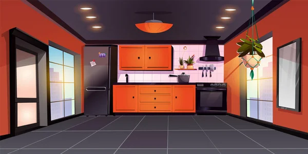 Moderno Interior Cocina Apartamento Urbano Vector Ilustración Dibujos Animados Amplio — Vector de stock
