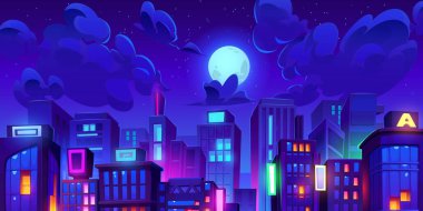 Gece şehri manzarası. Tabelalarda neon ışıkları, bulutlar ve çatıların altında ay var. Yatay afişin çizgi film vektör çizimi - kentsel sokak silüeti veya yüksek binalı panorama.