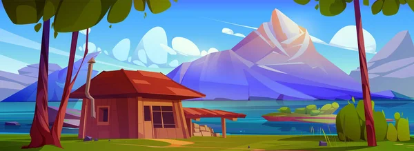 Wooden hut with mountain landscape across lake. Vector cartoon illustration of shabby house with chimney and firewood under roof, island with green grass and trees, blue sky. Travel game background